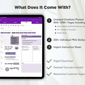 May include: A digital planner for OneNote with over 1000 pages, including daily, weekly, and monthly layouts, 30+ academic templates, and a sticker book. It also includes 200+ individual PNG stickers, an import instruction sheet, and a digital download. The planner is shown on a tablet with a purple and white color scheme.