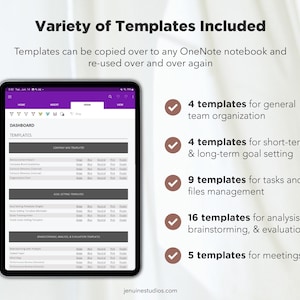 May include: A screenshot of a tablet displaying a list of templates for Microsoft OneNote. The templates are organised into categories: Company and Team, Goal Setting, Brainstorming, Analysis & Evaluation, and Meetings. The text on the screen reads "Variety of Templates Included" and "Templates can be copied over to any OneNote notebook and re-used over and over again".