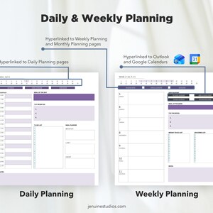 Pode incluir: Um planejador digital intitulado "Daily & Weekly Planning" com um fundo branco. O planejador inclui se&ccedil;&otilde;es para hor&aacute;rios di&aacute;rios e semanais, metas e listas de tarefas. Possui hiperlinks para outras p&aacute;ginas de planejamento e aplicativos de calend&aacute;rio.