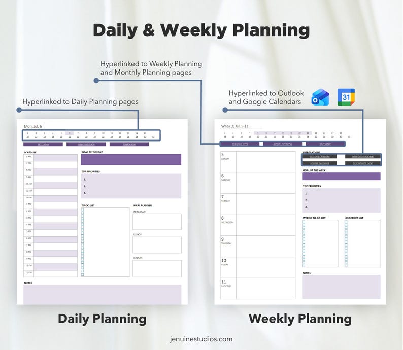 Pode incluir: Um planejador digital intitulado "Daily & Weekly Planning" com um fundo branco. O planejador inclui se&ccedil;&otilde;es para hor&aacute;rios di&aacute;rios e semanais, metas e listas de tarefas. Possui hiperlinks para outras p&aacute;ginas de planejamento e aplicativos de calend&aacute;rio.