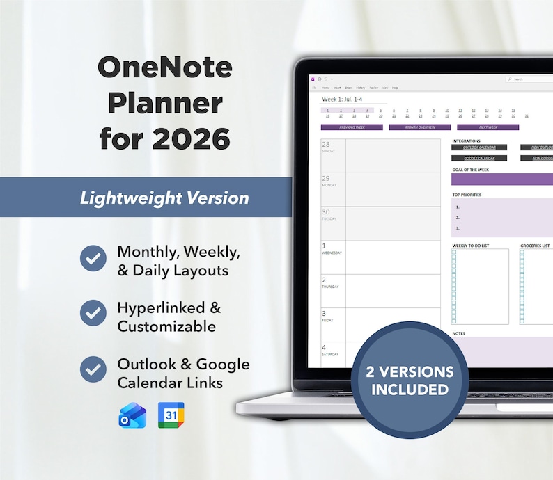 Pode incluir: Um ecr&atilde; de computador port&aacute;til mostra um planeador digital para 2026, com o texto "OneNote Planner". O planeador inclui layouts mensais, semanais e di&aacute;rios, &eacute; hiperligado e personaliz&aacute;vel, e oferece links para Outlook e Google Calendar. Duas vers&otilde;es est&atilde;o inclu&iacute;das.