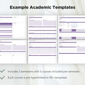 May include: Example Academic Templates for students. Includes 3 semesters with 5 courses per semester. Each course is pre-hyperlinked to 50+ templates.