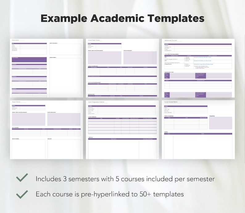 May include: Example Academic Templates for students. Includes 3 semesters with 5 courses per semester. Each course is pre-hyperlinked to 50+ templates.