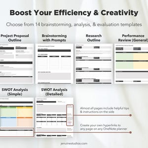 May include: A collection of 14 printable templates for brainstorming, analysis, and evaluation. The templates include a project proposal outline, brainstorming with prompts, SWOT analysis (simple and detailed), research outline, and performance review (general). The templates are designed for use in OneNote.