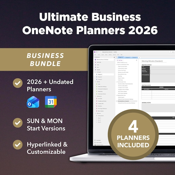 Ultimate Business OneNote Planners 2026-bundel voor professionals | SUN & MON Start, werkplanner, OneNote-sjablonen voor projectbeheer