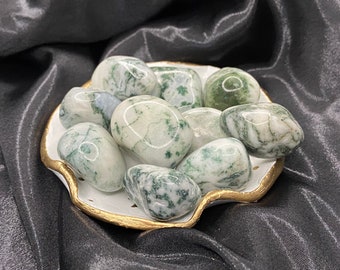 May include: A collection of polished moss agate stones in a white and gold-rimmed dish. The stones are smooth, with a translucent white base and green, moss-like inclusions. The dish sits on a dark, textured surface.