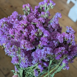 May include: A bunch of dried purple statice flowers. The flowers are a vibrant shade of purple with a textured appearance. The stems are green and the background is a wooden floor.