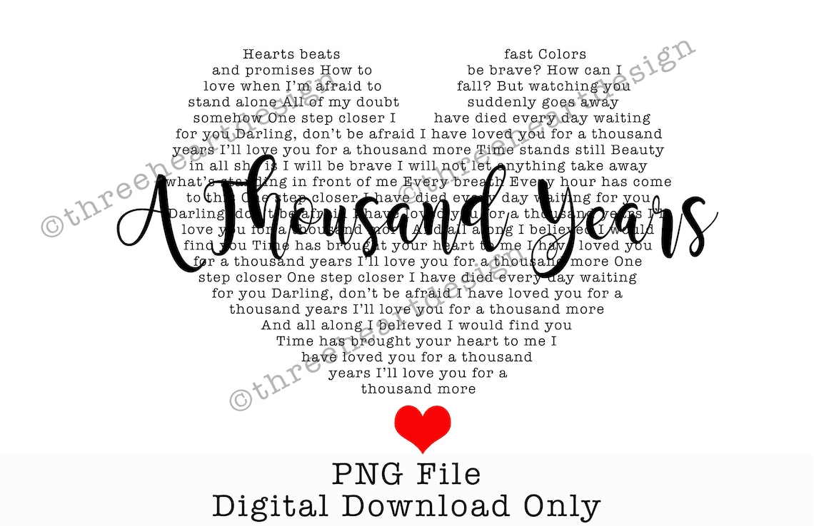 A Thousand Years Song Lyrics Heart Shape SVG/PNG Sublimation Etsy