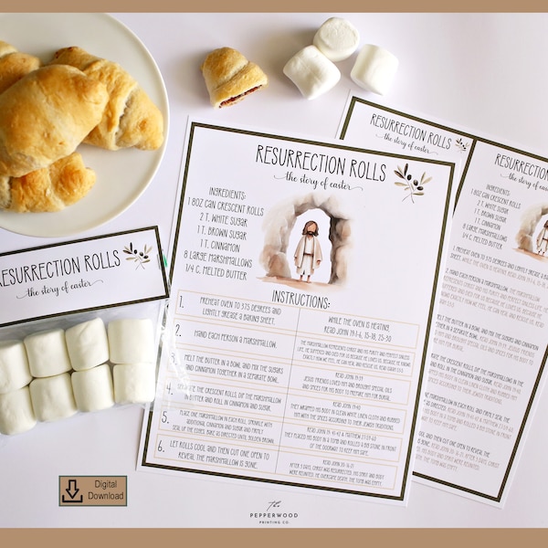 Resurrection Rolls Recipe and Instructions, Printable Easter Gift, Christian Easter, Easter Treat Tag, Ministering Gift, Easter Activity