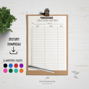 Silent Auction Bid Sheet Printable PDF - 8 Colors, Instant Download, Auction Sign Up Sheet, Fundraiser Bid Form, Charity Event Sign Up