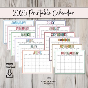2025 Printable Calendar, Wall Calendar pdf, Family Calendar, Homeschool Planner, 12 Month Calendar, Classroom Decor, Cute Wall Art, Organize