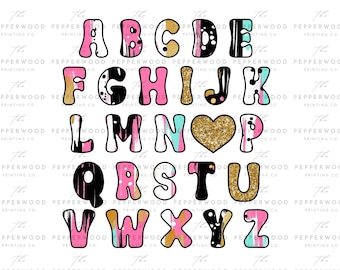 May include: A colorful alphabet with each letter in a different style. The letters are pink, black, white, gold, and blue with paint splatters and glitter accents.
