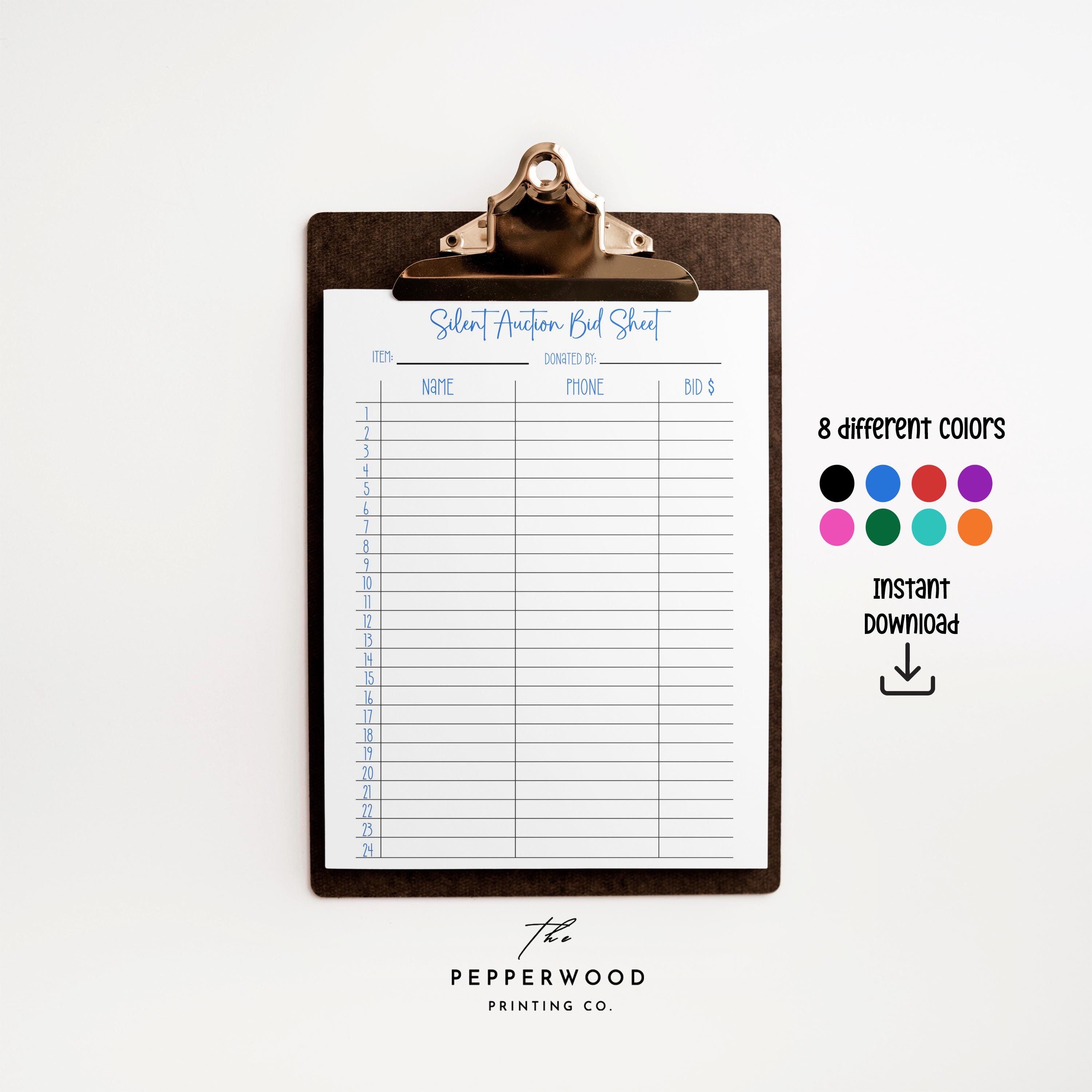 Silent Auction Bid Sheet Printable: Fundraiser Sign up Form (PDF) - Etsy