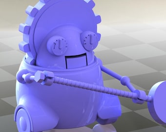 May include: A purple robot toy with a gear-shaped head, large eyes, and a mouth. The robot is holding a long, thin rod with a horseshoe magnet attached to the end.