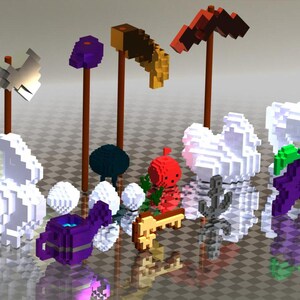 Peut inclure: Une collection d'objets 3D colorés et pixélisés, comprenant un cheval blanc, un arrosoir violet, un champignon rouge, une étoile violette et une hache brune. Les objets sont disposés sur une surface à damiers.