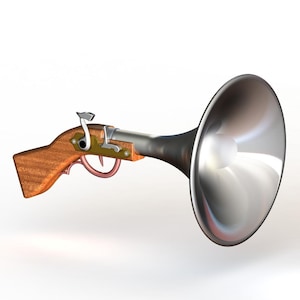 Peut inclure: Un objet hybride combinant une poignée de pistolet en bois et un mécanisme de détente avec un grand pavillon en métal argenté évasé. La poignée présente une finition en grain de bois poli, tandis que les composants mécaniques sont en argent et laiton.