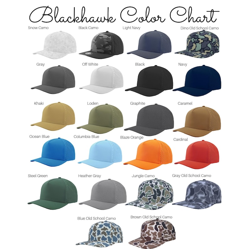 May include: A Blackhawk color chart displaying twenty baseball caps in various colors and patterns, including snow camo, black camo, light navy, dino old school camo, gray, off white, black, navy, khaki, loden, graphite, caramel, ocean blue, columbia blue, blaze orange, cardinal, steel green, heather gray, jungle camo, gray old school camo, blue old school camo, and brown old school camo.