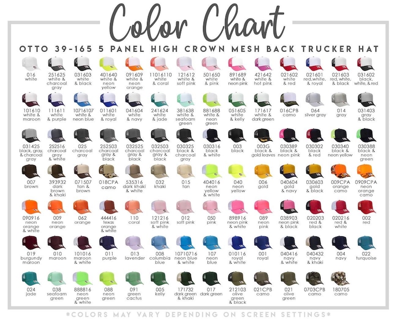Puede incluir: Una carta de colores para la gorra de camionero Otto 39-165 de 5 paneles con parte trasera de malla, que muestra una cuadr&iacute;cula de numerosas gorras en varios colores s&oacute;lidos y combinaciones bicolor, etiquetadas con nombre y c&oacute;digo.