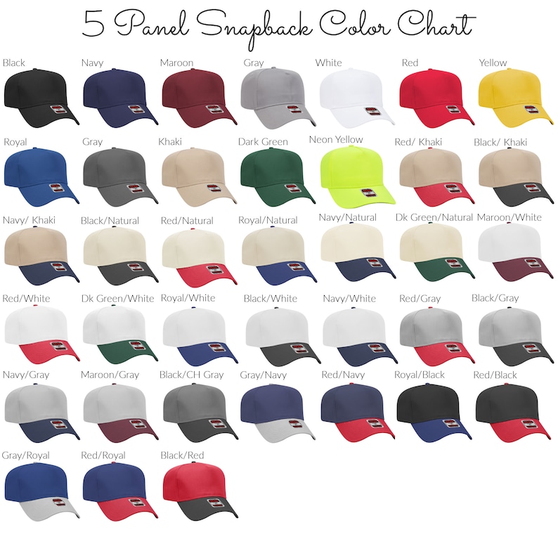K&ouml;nnte beinhalten: Farbkarte mit 5-Panel-Snapback-Kappen in verschiedenen Farbkombinationen. Die Karte enth&auml;lt Farben wie Schwarz, Marine, Rotbraun, Grau, Wei&szlig;, Rot, Gelb, Royalblau, Khaki, Dunkelgr&uuml;n, Neongelb und mehr.