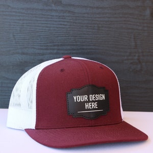 CUSTOM Logo TRUCKER Hat | Leather Patch Hats | Business Hats | laser engraved logo on leather patch hat for your business or organization