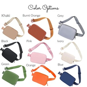 K&ouml;nnte beinhalten: Neun verschiedene farbige Bauchtaschen mit verstellbaren Riemen. Die Farben sind Khaki, gebranntes Orange, Grau, Schwarz, Rosa, Elfenbein, Gr&uuml;n, Orange und Blau.