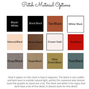 May include: A grid of twelve square patch material options labeled Patch Material Options. Colors include black, tan, white, natural, brown, cream, red, gray, taupe, olive green, and teal, paired with black, white, or gold text labels for each.