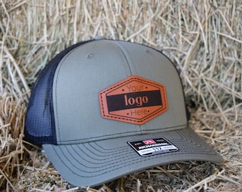 Custom Leather Patch Hat | Custom hats | Full Grain Leather Patch Hats | Business Logo Patch | Leather Patch Trucker Hat | Business Hats