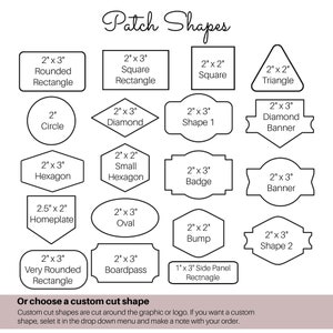 May include: A black and white chart titled Patch Shapes displaying various geometric outlines including rectangles, circles, triangles, hexagons, and custom badge designs. Each shape includes its specific dimensions in inches and a descriptive name.