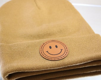 Smile Face Leather Patch Beanie | Leather patches | Leather patch Beanie | Winter Beanies | Smile face Accessories | Adult Beanies |