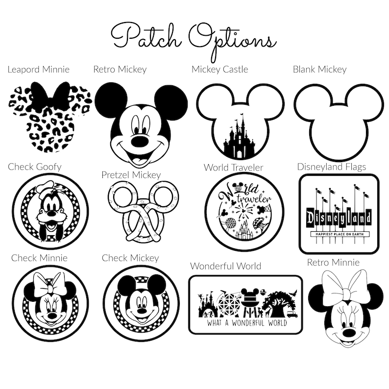K&ouml;nnte beinhalten: Schwarz-wei&szlig;e Illustrationen verschiedener Disney-Charakter-Patches, darunter Mickey Mouse, Minnie Mouse, Goofy und das Disneyland-Schloss. Die Patches zeigen verschiedene Designs, wie z. B. ein Brezel, ein kariertes Muster und ein Weltreisenden-Logo.