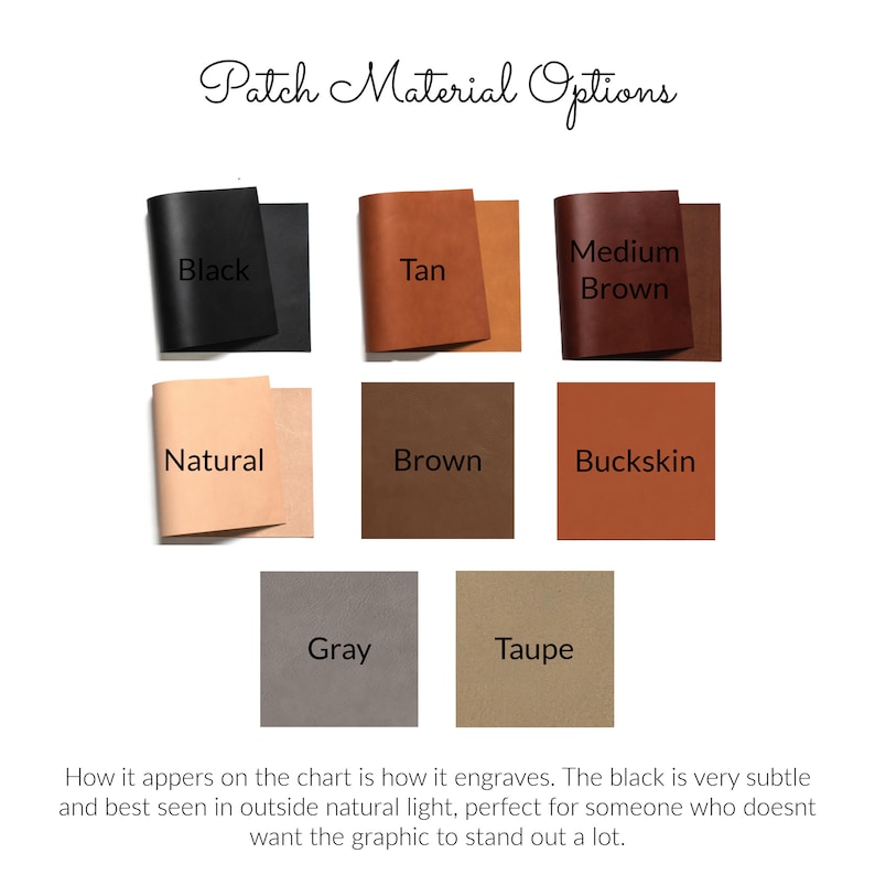 K&ouml;nnte beinhalten: Leder-Patchmaterial-Optionen in Schwarz, Braun, Mittelbraun, Natur, Braun, Wildleder, Grau und Taupe. Der Text "Patch Material Options" befindet sich oben im Bild.