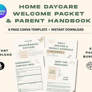 Könnte beinhalten: Ein Paket mit sechsseitigen Canva-Vorlagen für die Kindertagespflege zu Hause, einschließlich eines Willkommenspakets und eines Elternhandbuchs. Die Vorlagen enthalten Abschnitte für Fotos, Notfallkontaktinformationen und Tagesabläufe. Das Design ist in Beige und Grün gehalten.