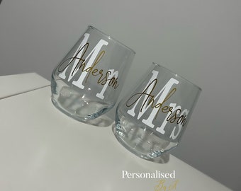 Personalised mr&mrs,mrs mrs,mr mr,stemless wine glass,pink blue gold white any colour/wedding,gift,present,keepsake,drinking