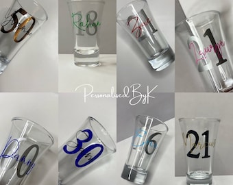 Personalised name and age shot glass,pink blue gold white any colour/name/age 18,21,30,40,50,60 gift,birthday,keepsake,party