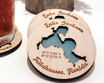 Set of 4 Custom Engraved 3D Lake Map Beverage Coasters, Lake House Decor, Gender Neutral, Guy Mancave Gift, Bar Drinkware, Housewarming