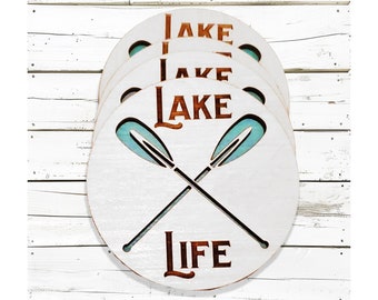 Set 4 Lake Life Wood Coasters, Lake house Houseboat Pontoon Party Decor, Housewarming Realtor Gift, Laser Engraved 3D Beverage Bar Coaster