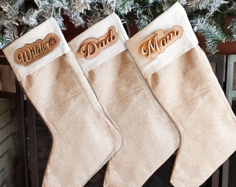 Jute Burlap Christmas Stocking with Handmade Custom Wooden Name Tag - Holiday Personalized Stocking Name Tag - Custom Wood Name Ornament