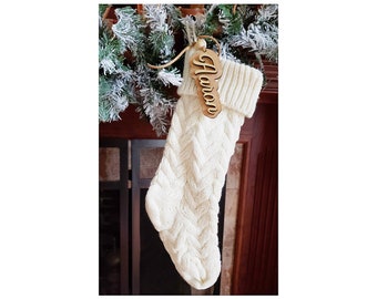 Large Knit Christmas Stocking with Custom Wood Name Tag - Holiday Personalized Name Tag and Knit Stocking - Wood Engraved Custom Ornament