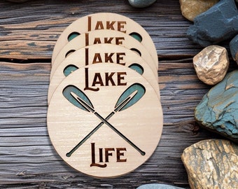Set of 4 Lake Life Wood Coasters, Lakehouse Houseboat Party Decor, Housewarming Realtor Gift Basket, Laser Engraved 3D Beverage Coaster