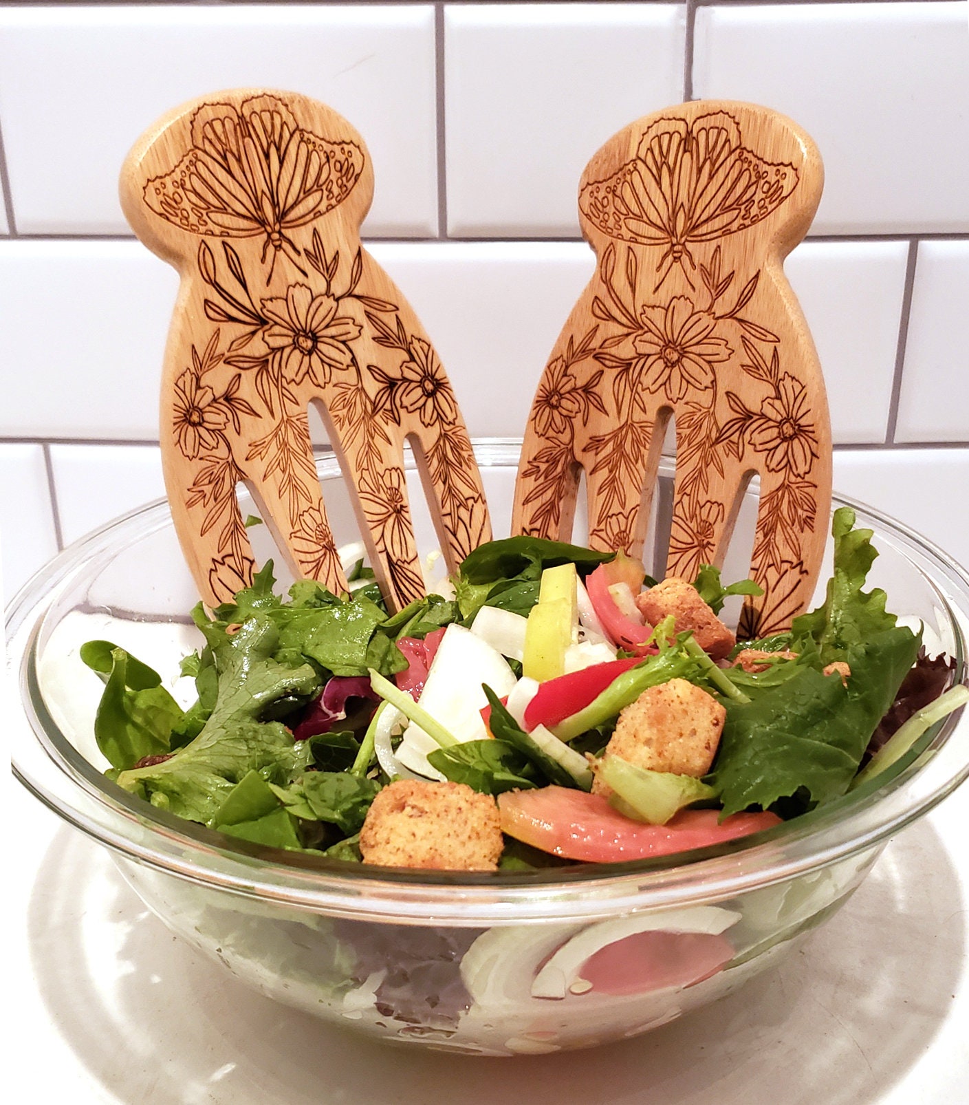 Toss Salad Hands Pasta Server Set Engraved Salad or Pasta Tongs