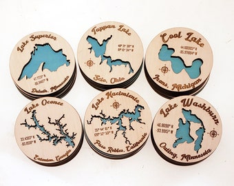 Set of 4 Custom Wood Lake Map Beverage Drink Coasters, Lake House Decor, Gender Neutral Guy Mancave Gift, Bar Accessory, Housewarming Gift