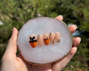 Uñas postizas reutilizables con forma de calabaza y gato para Halloween