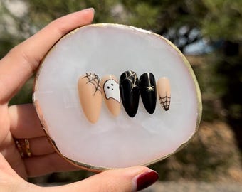 Uñas postizas reutilizables con diseño de telaraña para Halloween