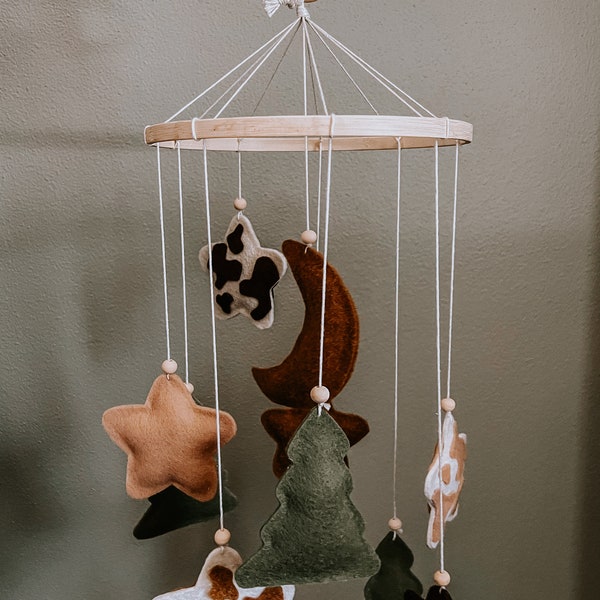 Cow Print Baby Crib Mobile | Western Baby Mobile | Nursery Decor | Customizable | Neutral Colors | Boho | Baby Shower Gift