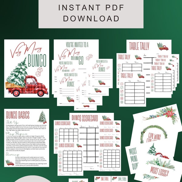 Christmas Theme Bunco Printable Set, Christmas Tree, Christmas Truck, Bunco Party, Dice Games, Digital File, Printable Files