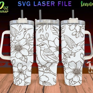 Bird and Flower Laser Engraved full Wrap Design For 40oz Tumbler, Bird SVG Laser, Flower Tumbler Wrap For Laser Rotary Machine, Seamless
