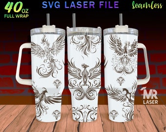 Phoenix Laser Engraved full Wrap Design For 40oz Tumbler, Phoenix SVG Laser File, Phoenix Tumbler Wrap For Laser Rotary Machine