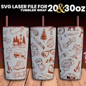 Camping Laser Engraved full Wrap Design For 30 and 20 oz Tumbler, Camping Doodle SVG Laser File, Tumbler Wrap For Laser Rotary Machine