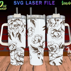 Peony Laser Engraved full Wrap Design For 40 oz Tumbler, Tumbler Wrap For Laser Rotary Machine, Peony SVG Laser File, Seamless