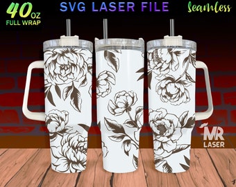 Peony Laser Engraved full Wrap Design For 40 oz Tumbler, Tumbler Wrap For Laser Rotary Machine, Peony SVG Laser File, Seamless